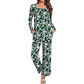 Anydeer Women Pajamas Set Long Sleeve Casual 2 Piece Pleated Pjs Nightwear Pants With Pocket