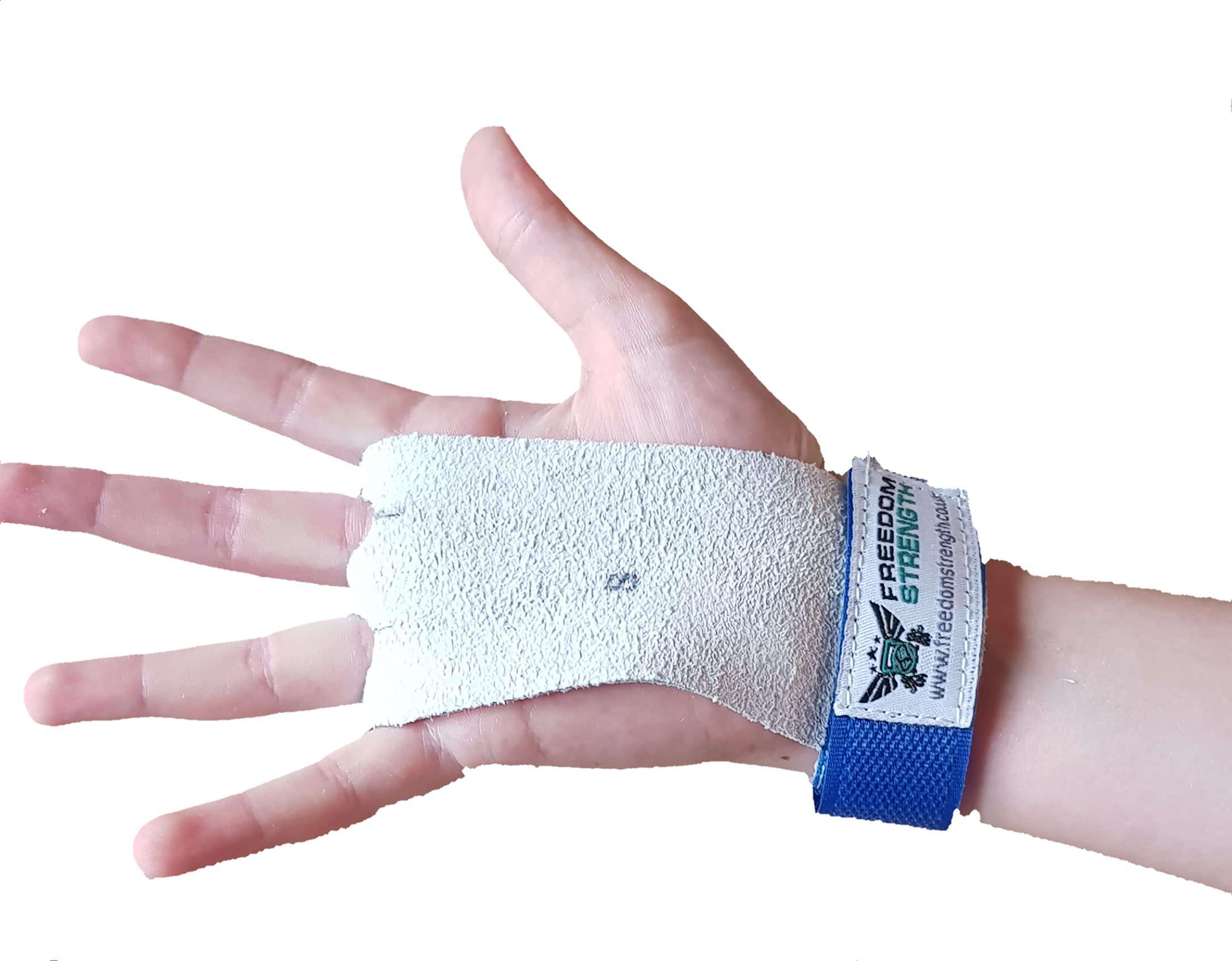 Freedomstrength® Children Size gymnastics palm protectors with coloured wrist strap (Blue, Xtra Small)