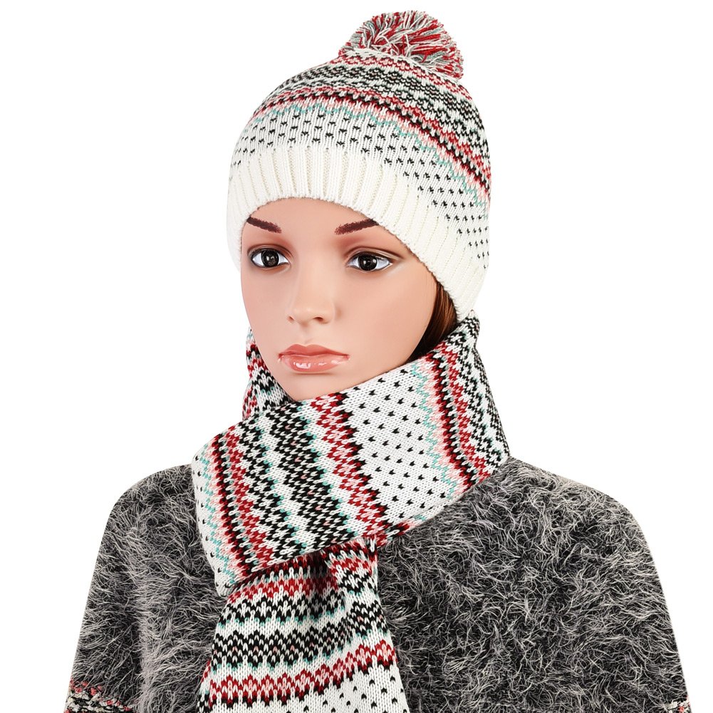 Vbiger Wintermütze klassische Beanie Mütze Damen Mütze und Schal Warm Strickmütze und Strickschal 2 PCS, Weiß+, Einheitsgröße