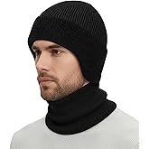 Bencailor Winter Knit Beanie with Earflap Neck Warmer Scarf Set, Thick Windproof Fleece Lined Beanie Scarf Set for Men Women