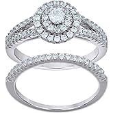 Sterling Silver Women's Cubic-Zirconia Duo Bridal Anniversary Engagement Wedding Ring Set