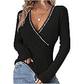 SOLY HUX Women's Long Sleeve V Neck T Shirt Lace Trim Rhinestone Wrap Tee Slim Fitted Fall Tops
