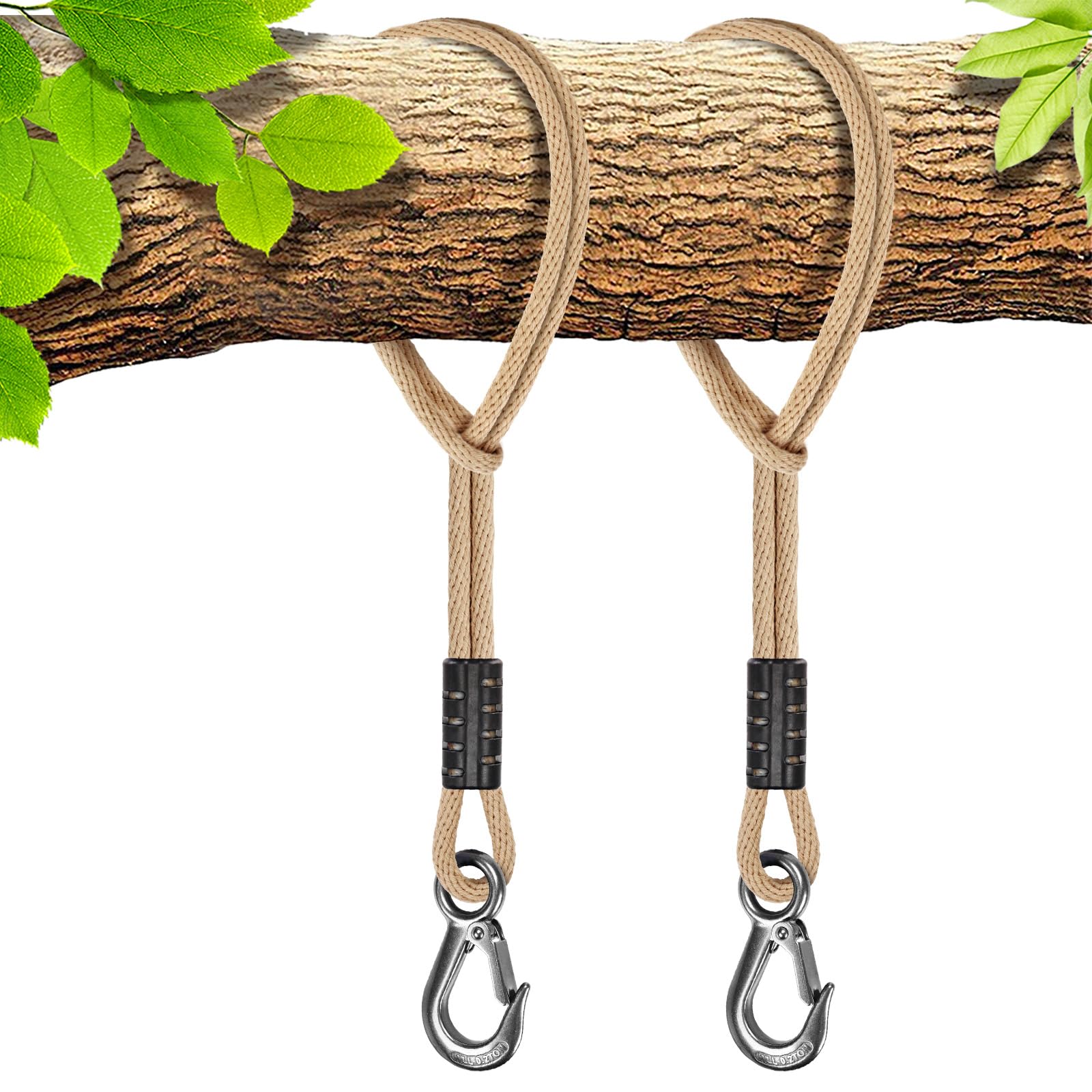 BeneLabel 2pcs Tree Swing Rope, 100cm Hammock Strap Hanging Kit Beam Polyester Extension String (400lbs) with Hook for Hammock Chair Playground Set, up to 2500lbs, 10mm Diameter, Natural Tricot