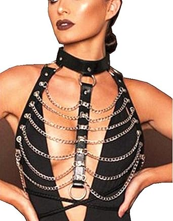 Tiaobug Unisex Körper Brust Harness Metall Quaste Kette mit Schloss Leder Brustgurt Damen Herren Gothic Kostüm Punk Körperges