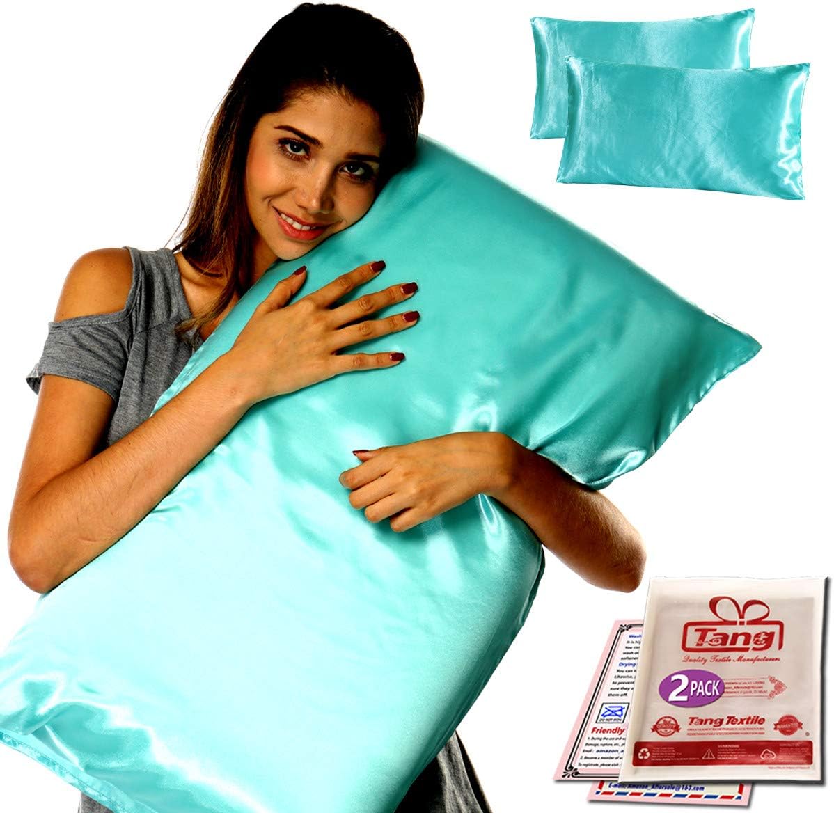 TANGGIFT Silk Satin Pillowcase Standard Us for Hair and Skin Hypoallergenic King Size Silk Pillowcase Queen (Queen 2-Pack, Sky Blue)