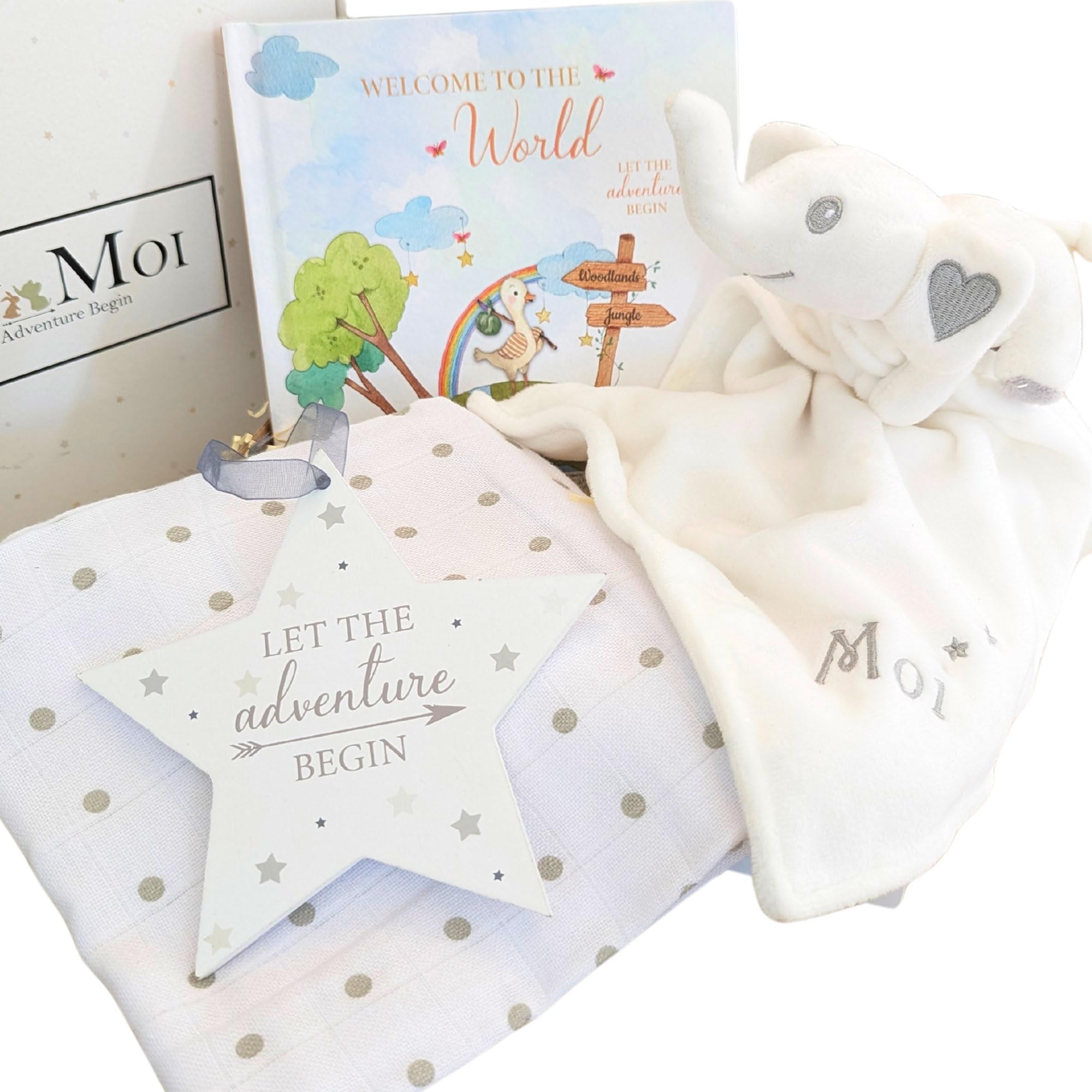 New Born Baby Gift Set, Unisex Gift for New Parents, 4 Piece Welcome to the World Book, Soft Baby Toy Elephant Comforter, 100% Cotton Muslin, Nursery Plaque Keepsake Box