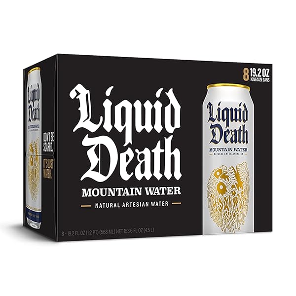 LIQUID DEATH, STILL MOUNTAIN WATER, 8-PACK (19.2OZ CANS), REAL MOUNTAIN SOURCE, INFINITELY RECYCLABLE ICE-COLD CANS, AMERICAN MADE