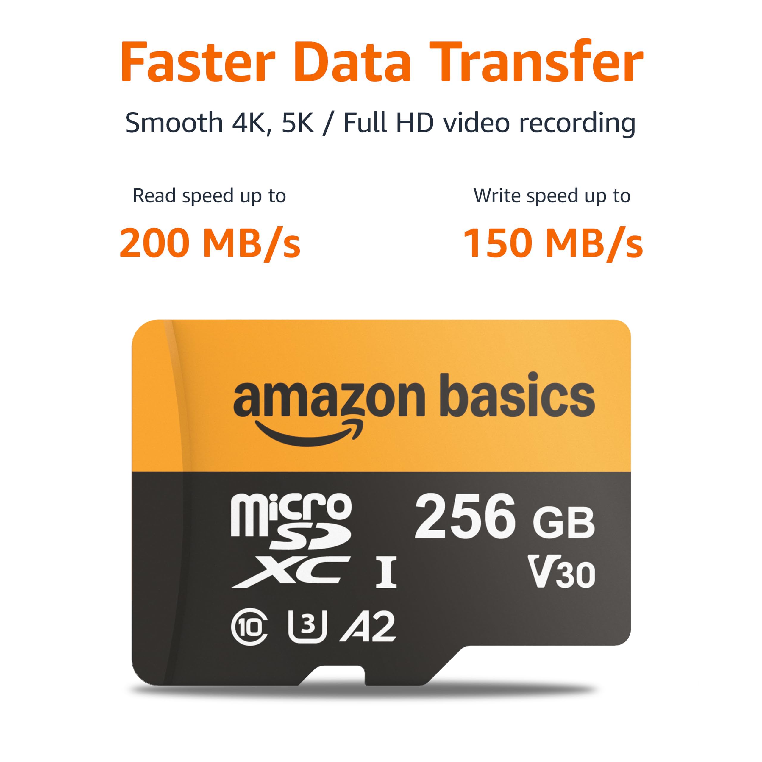 Amazon Basics 256GB microSDXC Card with Adapter, Read Speed Up to 200MB/s, 1-Pack