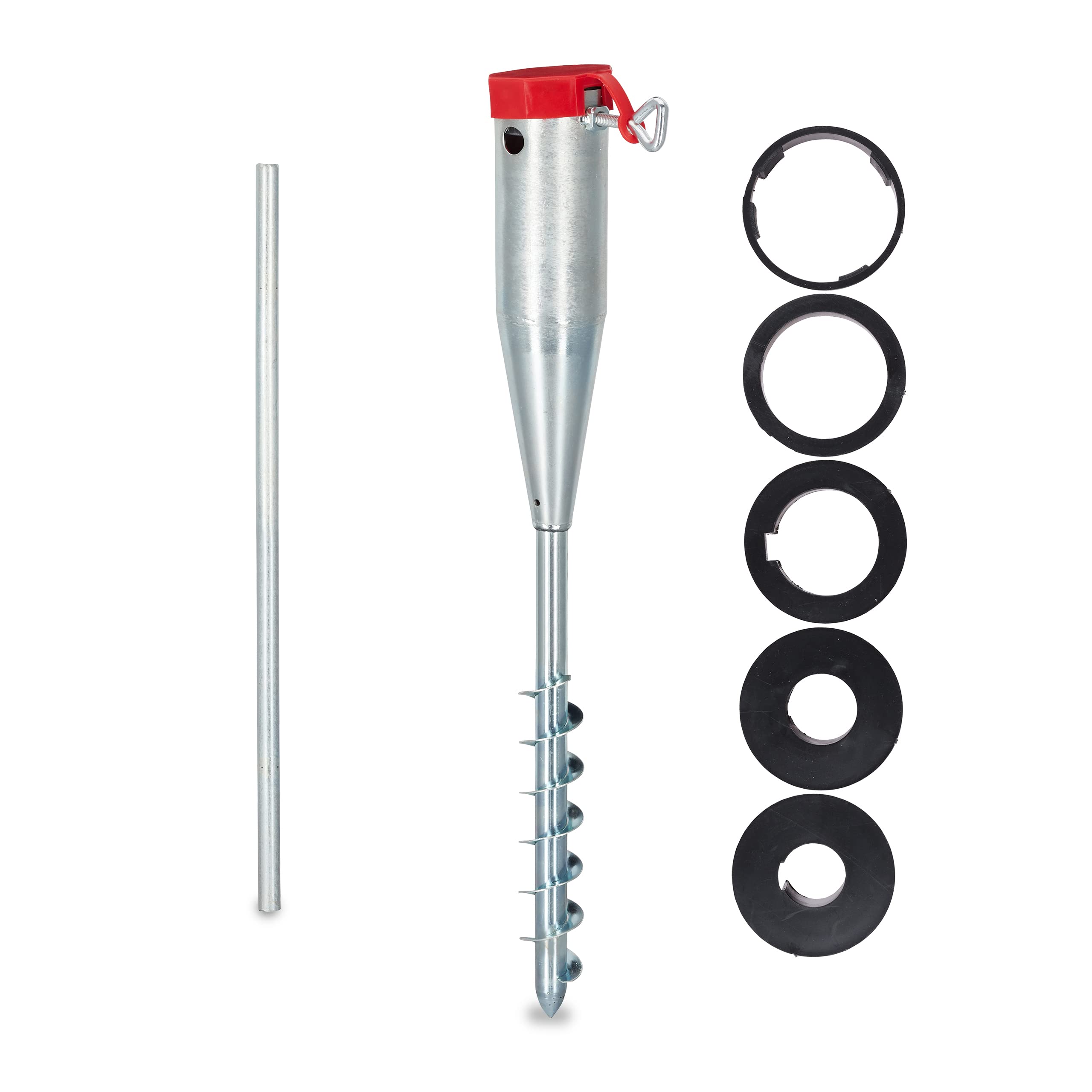 Relaxdays Parasol Ground Anchor, Screw-in, Adaptor 25-55 mm, Umbrella Holder, Screw-in Spike,Galvanized Steel, Silver