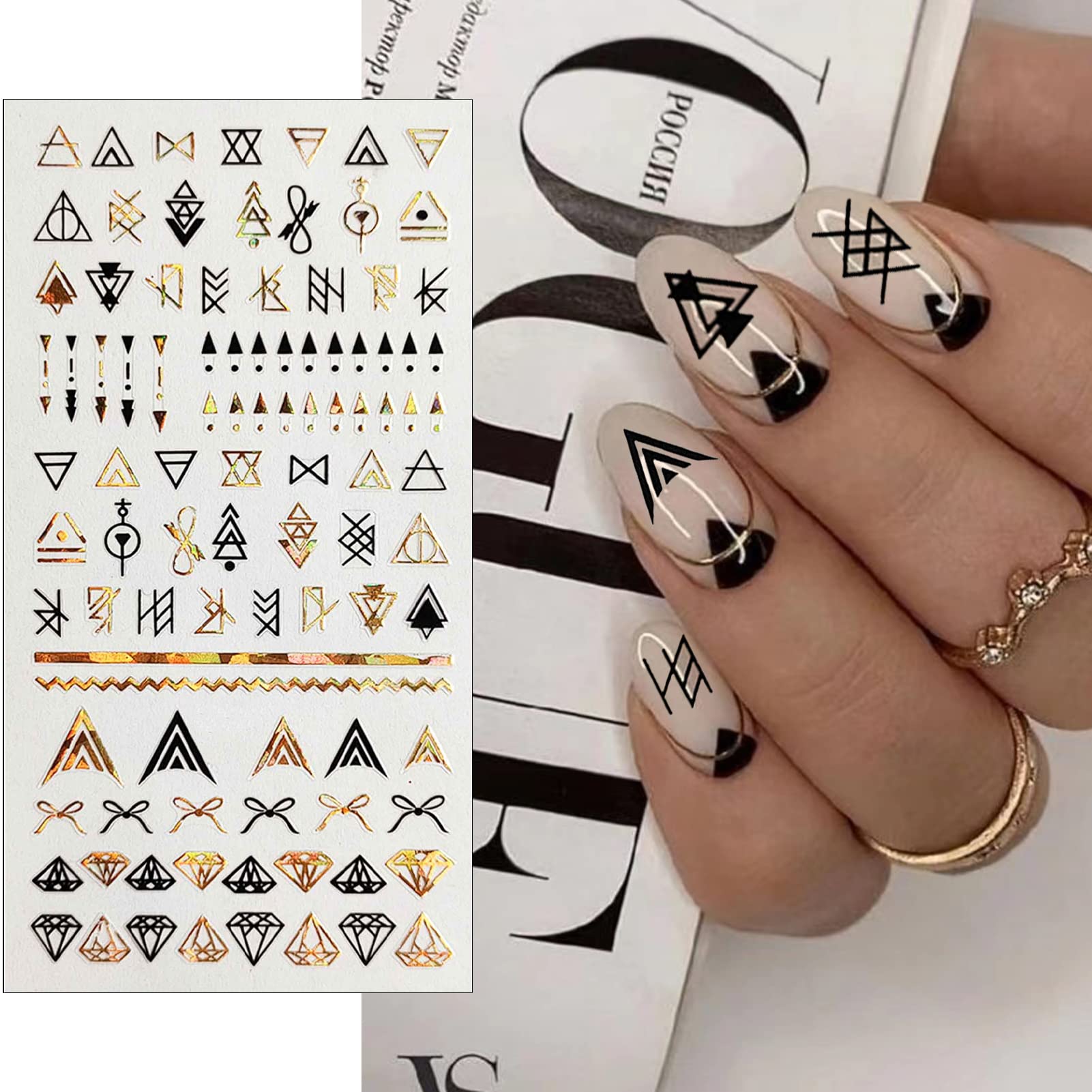 8 Sheets Geometric Nail Art Stickers, Black Gold Geometry Triangular Rhombus Minimalist 3D Design Self-Adhesive Nail Art Decals, DIY Manicure Decoration Supplies Accessories for Women Girls - Image 2