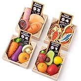 Tiny Land Wooden Play Food Sets for Kids Kitchen - 100% Wood 43 Pieces Kids Toy Food for Toddlers 3+ Year Old, Pretend Food Play Kitchen Accessories Set for Boys and Girls