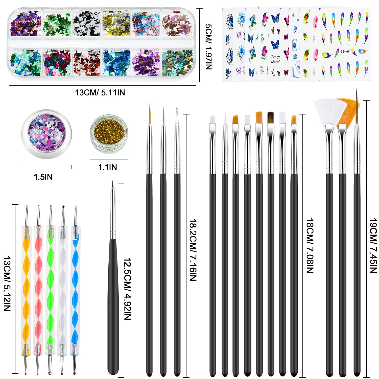 MENOLY Nail Art Supplies, 12 in 1 Nail Art Kit with Nail Tranfer Stickers Nail Brushes Nail Dotting Pens Round Shell Stickers Glitter Powder Nail sequins Nail Rhinestones, Nail DIY Design for Girls : Beauty