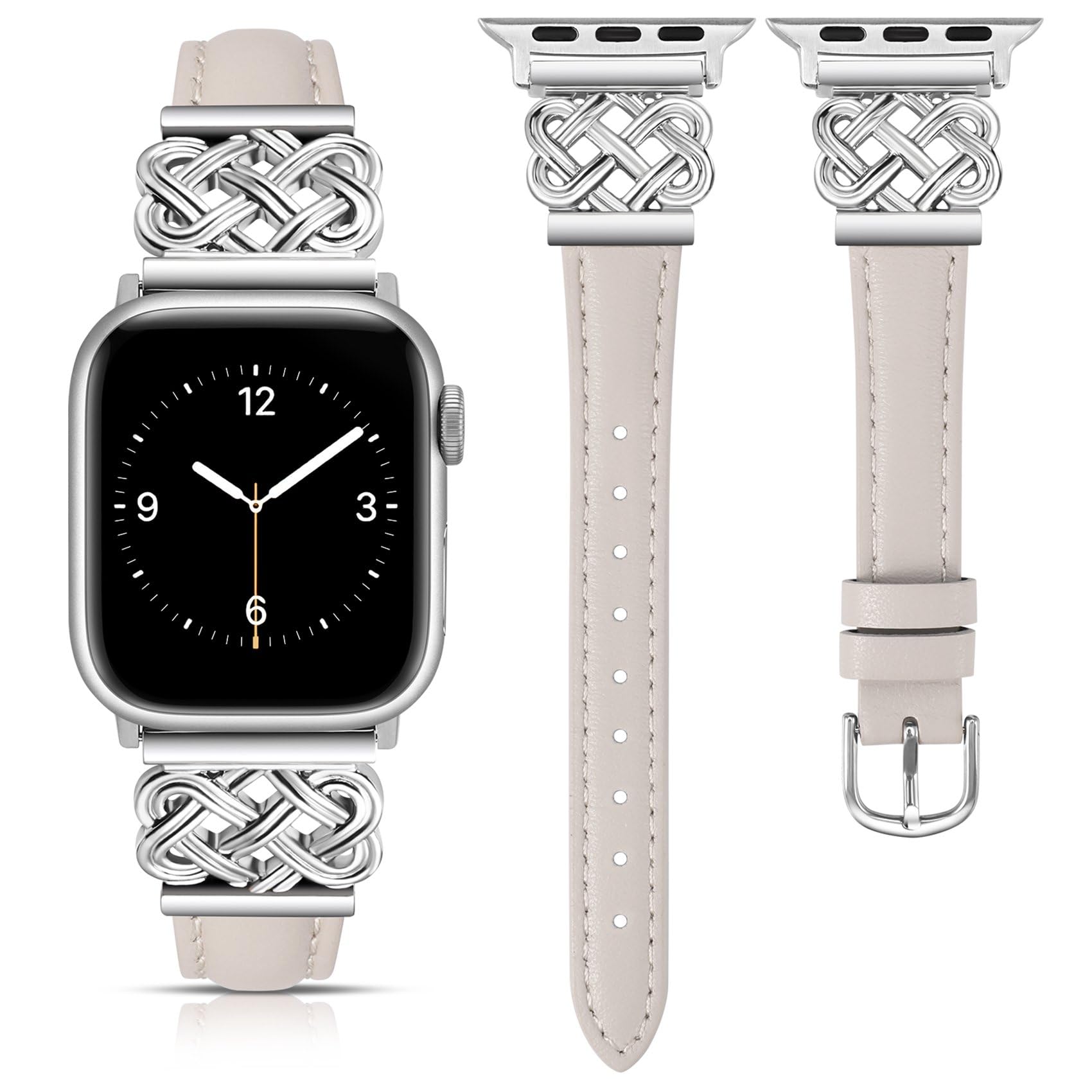 TOYOUTHS Leather Strap Compatible with Apple Watch Straps 38mm 40mm 41mm 42mm Women, Slim Thin Leather Strap with Dressy Interlock Buckle for iWatch 11 10 9 8 7 6 5 4 SE 3 2 1, Starlight/Silver