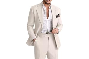 HUEZOE Mens Linen Suit 2 Piece Casual Suits for Men Summer Beach Groom Wedding Suit Linen Blazer Pants Set
