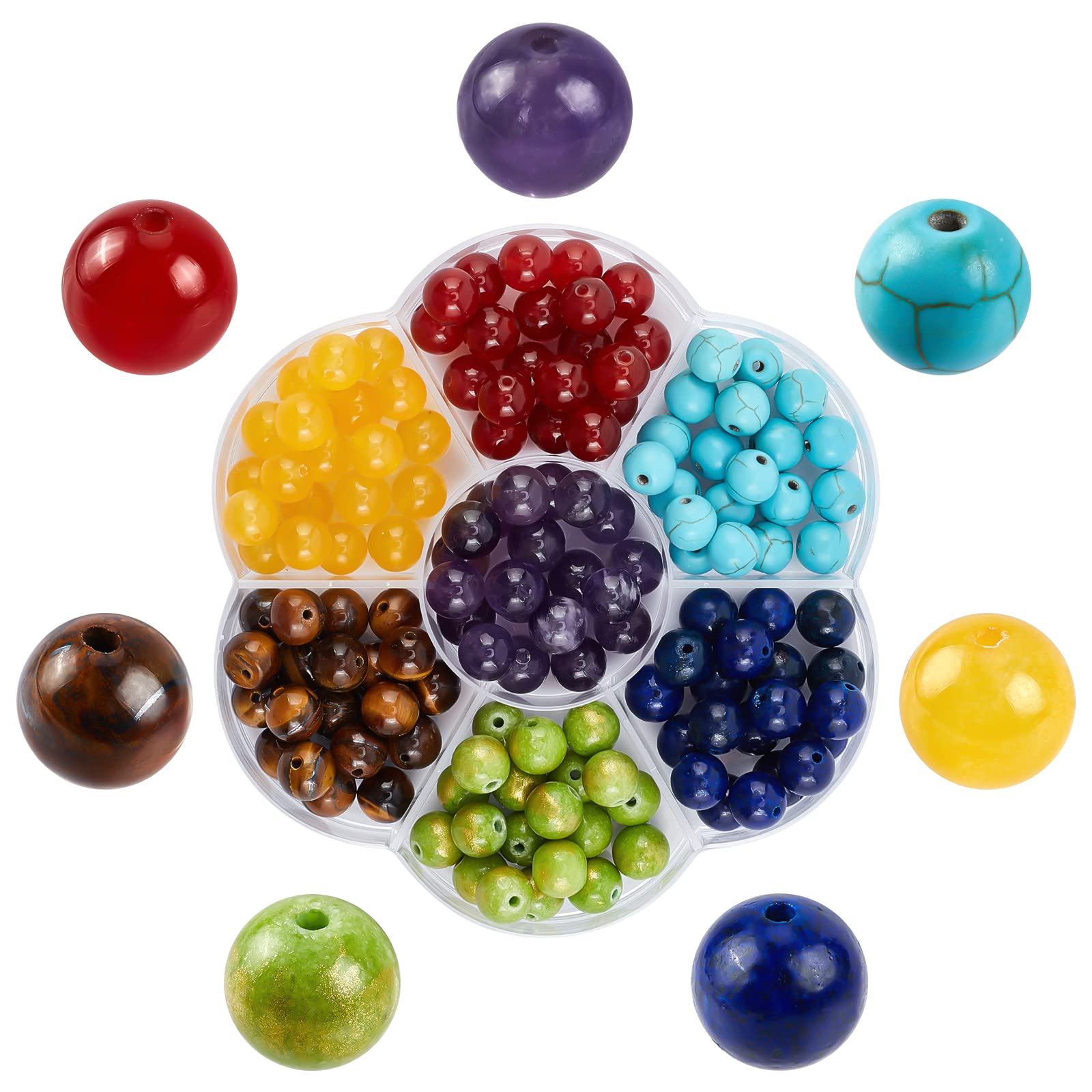 SUNNYCLUE 1 Box 140Pcs 7 Chakra Beads Natural Gemstone Geniune Stone Colorful Round Crystal Healing Energy Loose Bead Jade Agate for Jewelry Making DIY Bracelets Crafts Supplies, 8MM