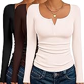 Ekouaer Women's Long Sleeve Henley T Shirts 3 Packs Fall Button Slim Fit Tops Basic Base Layer Soft Thermal Undershirts