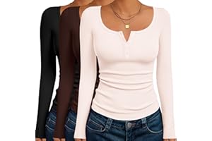 Ekouaer Women's Long Sleeve Henley T Shirts 3 Packs Fall Button Slim Fit Tops Basic Base Layer Soft Thermal Undershirts