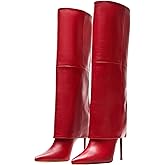 KaroNairy Women’s Knee High Boots, Fold Over Tall High Heel Boots Stiletto Pointed Toe Fashion Dress Boots for Fall Winter