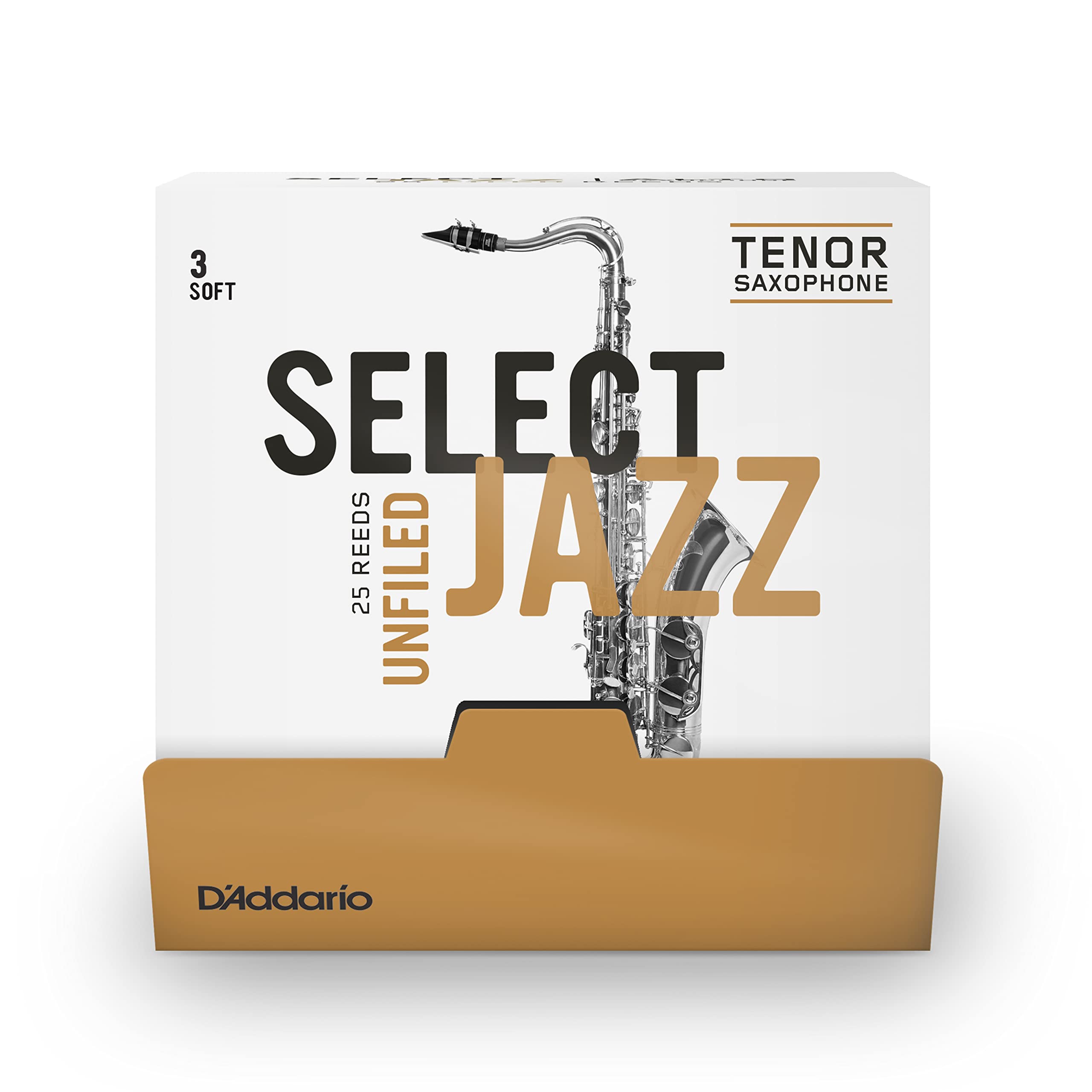 D'Addario Select Jazz Unfiled Tenor Saxophone Reeds, Strength 3 Soft, 25 Box
