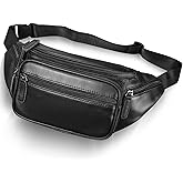 Genuine Leather Fanny Pack Men Women Multi-Pockets sling Waist Bag For Travel Sports Hiking Cycling Fishing Running Black Large