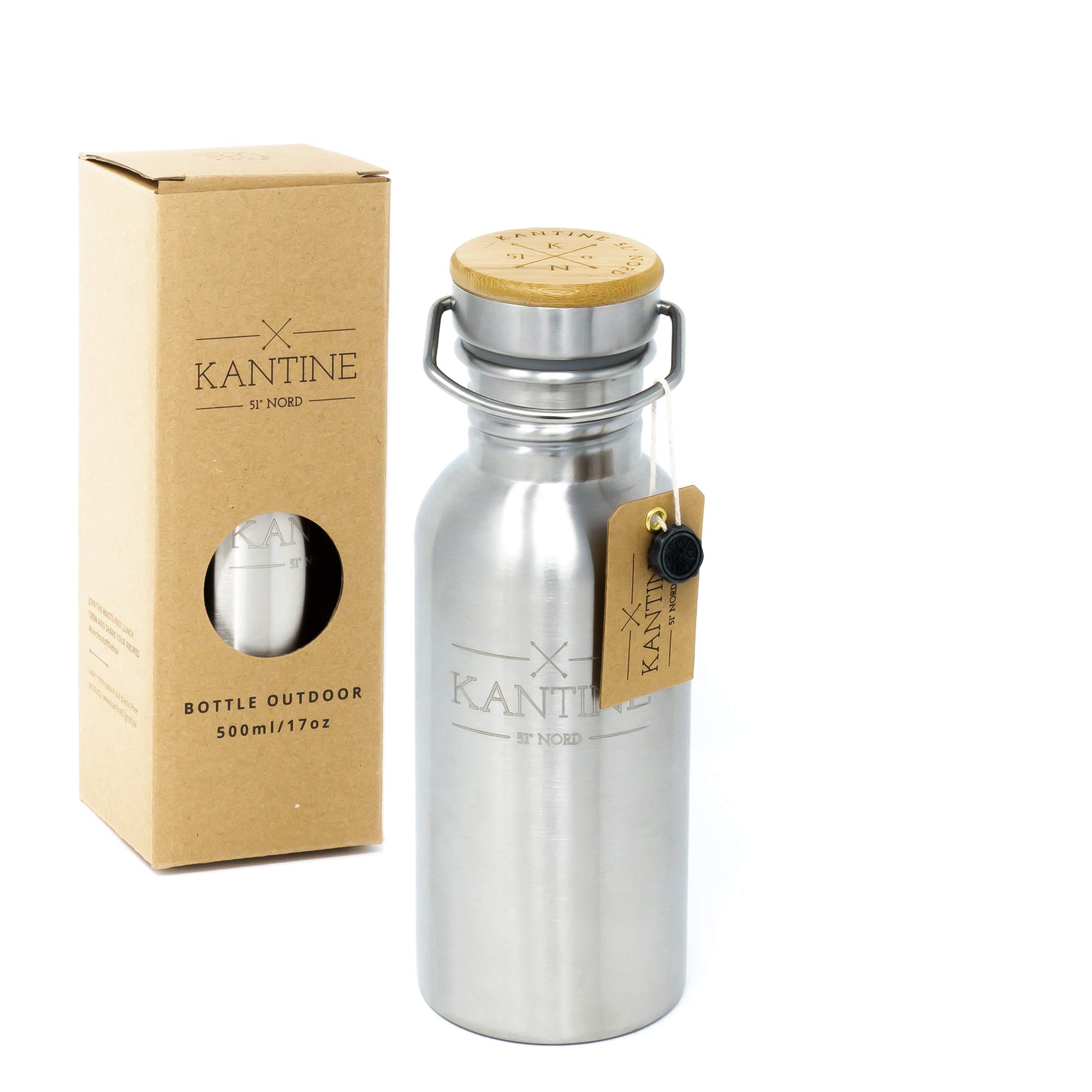 Kantine 51° Nord Stainless Steel Water Bottle, 500 ml, Leak-Proof, Dishwasher Safe, Suitable for Children