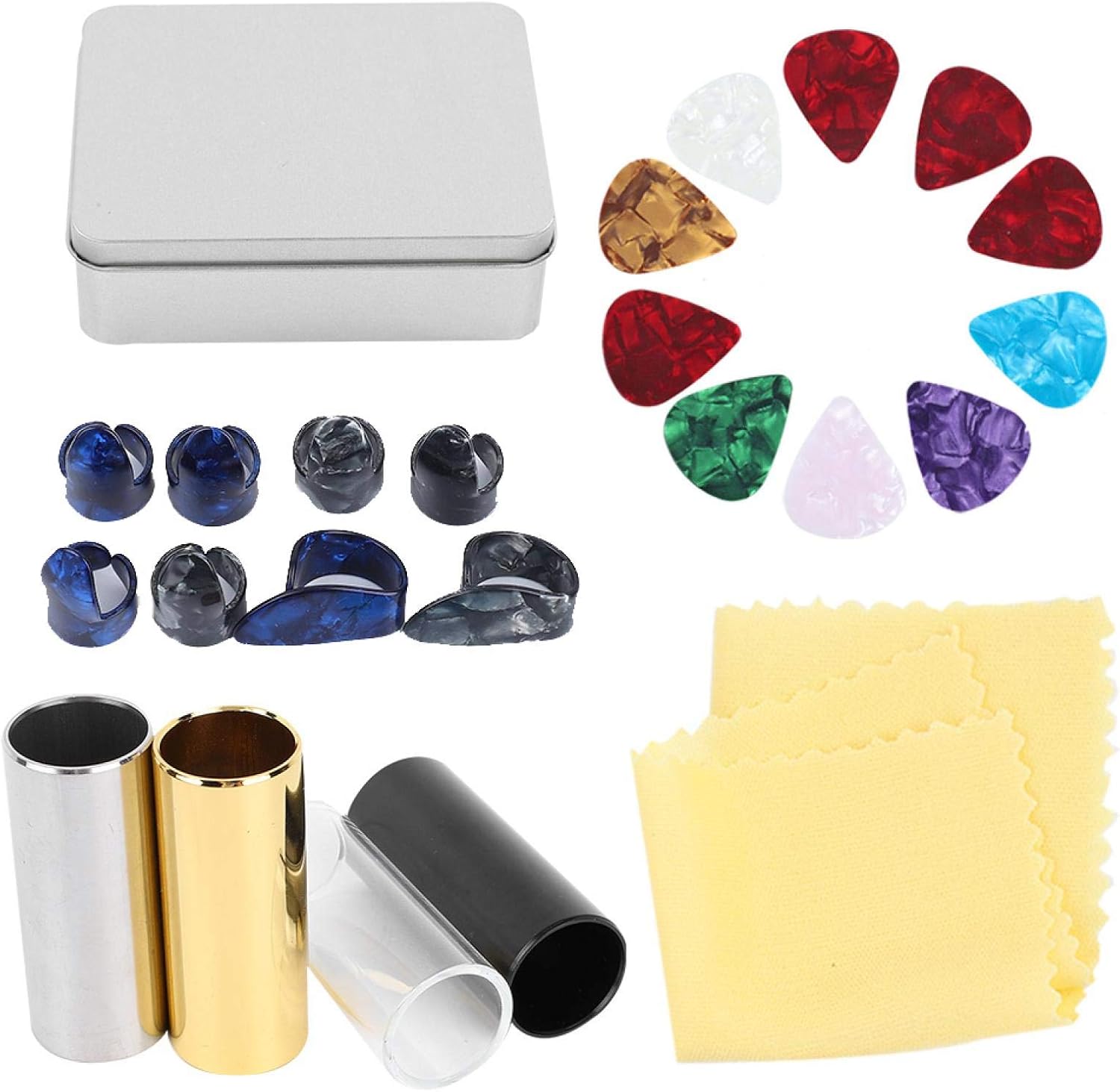 Guitar Accessories Kit Stainless Steel Guitar Slide Finger Picks Set including Iron Box for Guitarist Playing Accessories