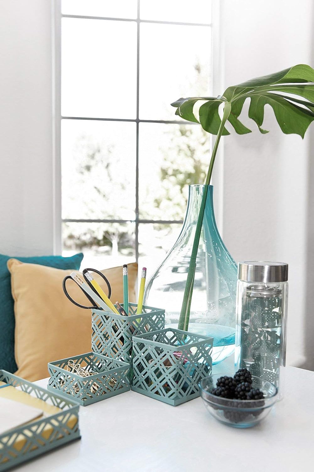 Blu Monaco Office Supplies Teal Blue Desk Organizers and Accessories-5 Piece Interlocking Cute Desk Organizer Set-Letter Tray-Pen Cup-3 Assorted Accessory Trays-Room Decor for Women and Teen Girls : Office Products