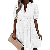Imily Bela Womens Summer Lace Dresses Eyelet Casual Flowy Babydoll Swing Short Sleeve V Neck Tunic Dress