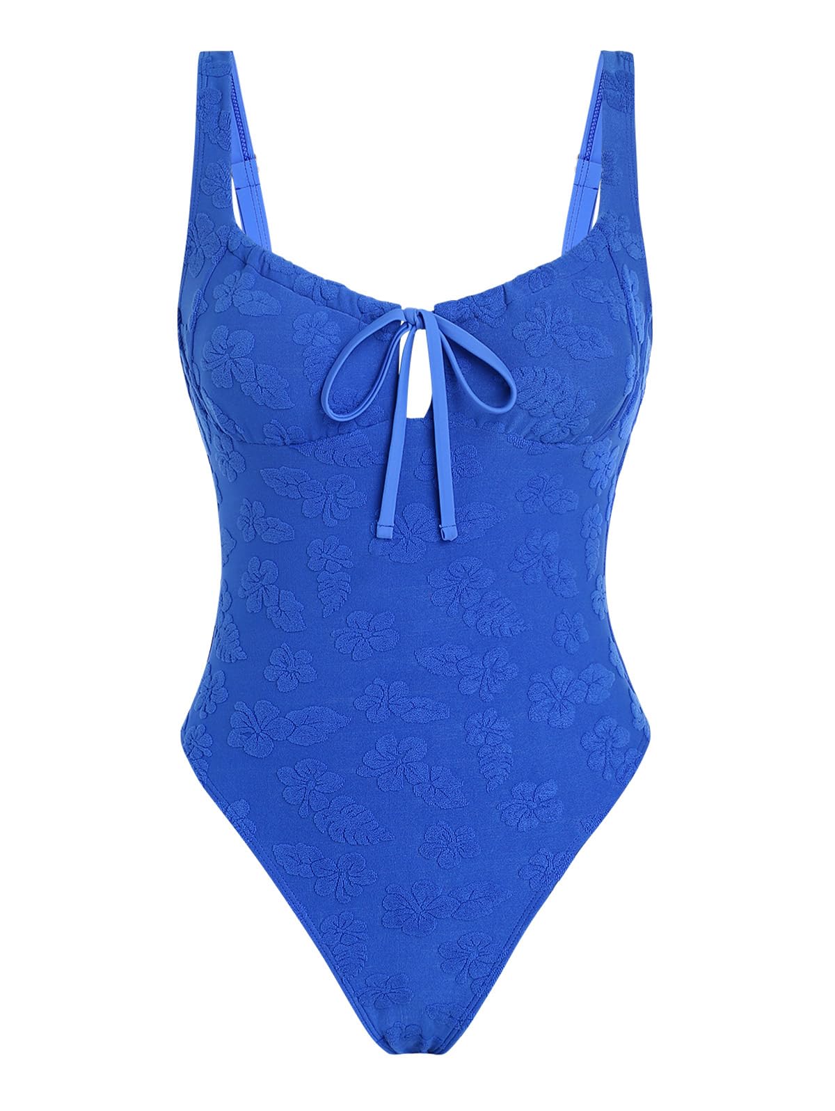 Photo 1 of seamoly Indigo Color Terry Toweling Floral Leaf Jacquard Drawstring Tie Front One-Piece Swimsuit Indigo Color L