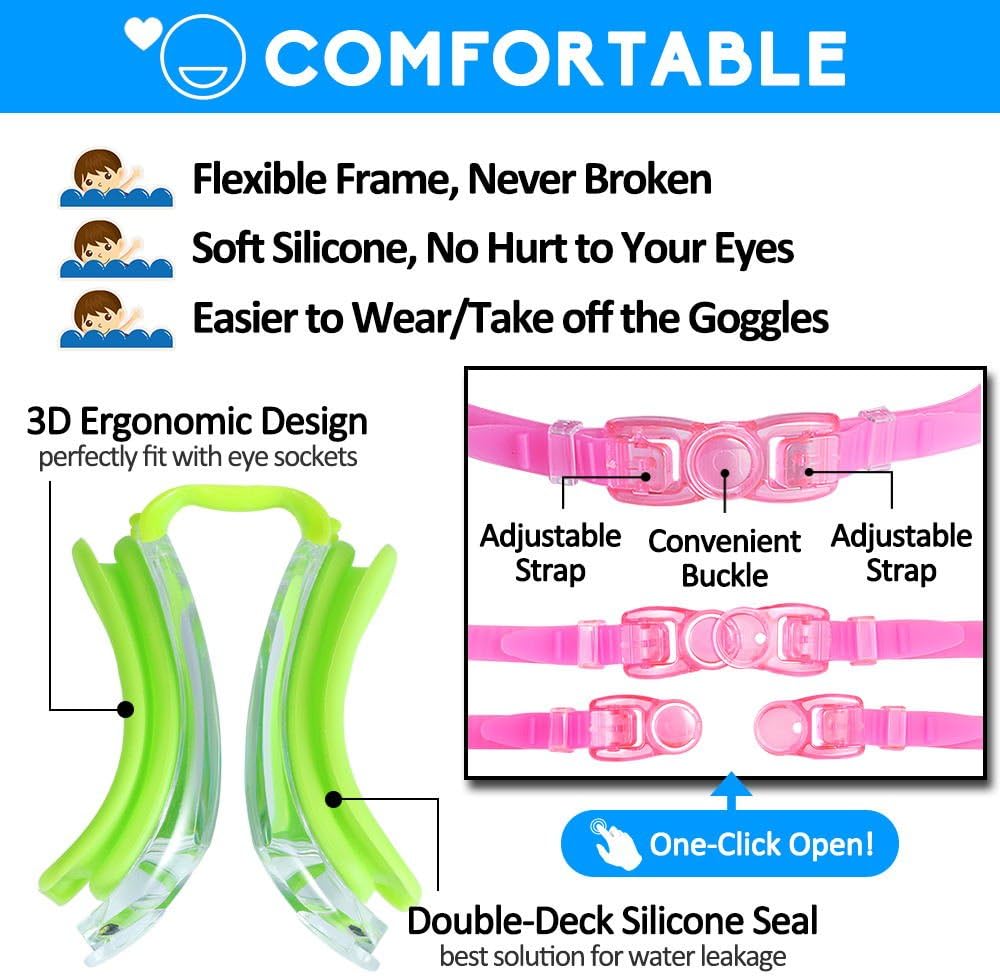 Kids Swim Goggles, 2 Pack Crystal Clear Swimming Goggles for Children and Teenagers, Anti-fog Anti-UV Youth Swimming Glasses, Leak proof, Free ear plugs, one button open straps, for 4-16 Y/O : Sports & Outdoors