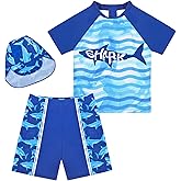 AuSletie Boys Two Pieces Swimsuit Set Short Sleeve Kids Rash Guard Dinosaur Boys Bathing Suit with Sun Cap for 2-6 Years