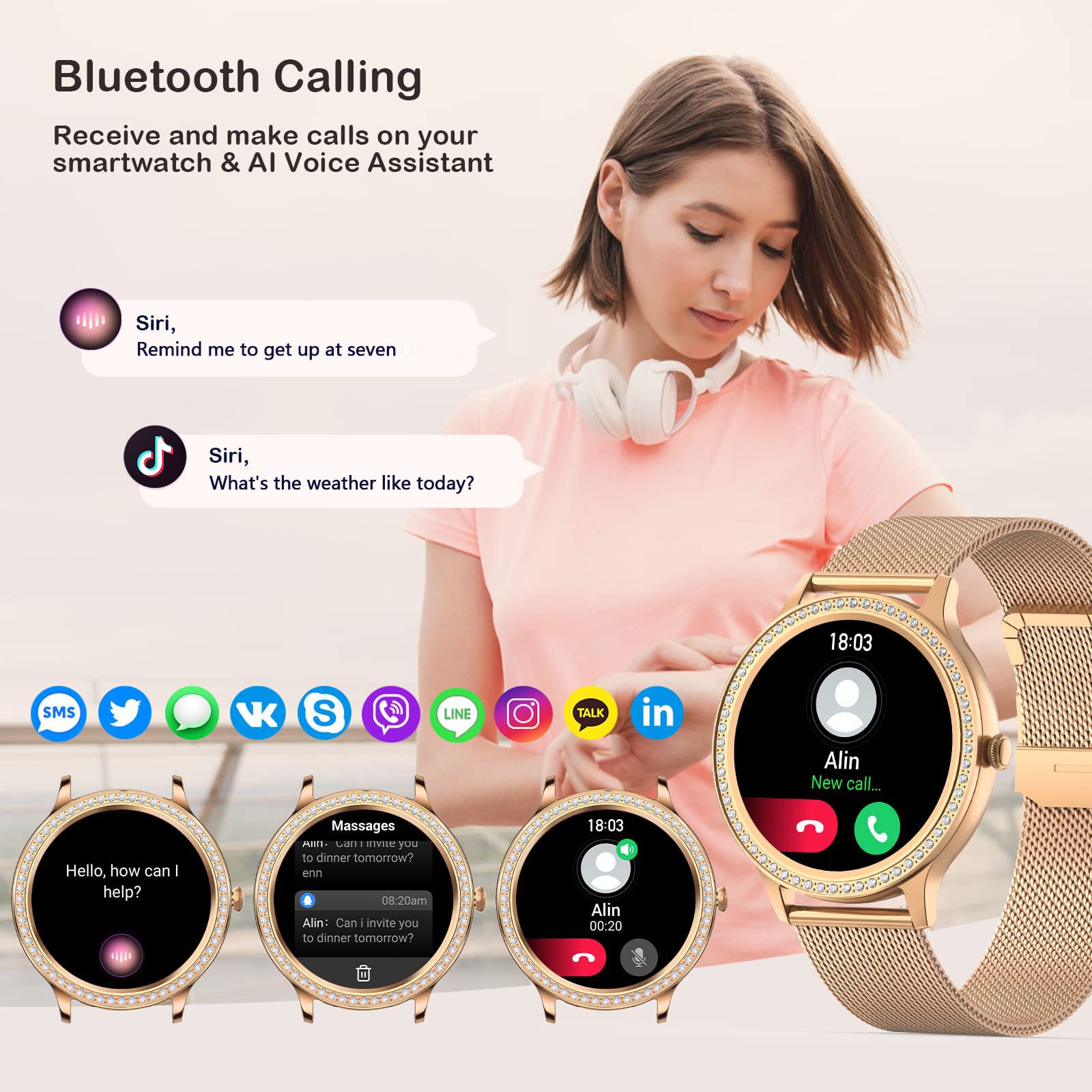 Women's Smartwatch with Phone Function, Smart Watch with Diamond Bracelet, Voice Assistant Fitness Tracker with SpO2 Activity Tracker, Pedometer Watch, Women's Sports Watch for Android iOS