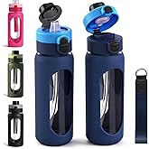 ANOTION 24OZ Glass Water Bottle, Large Sports Water Bottle with Dual-Drink Lid Clear Leakproof Glass Bottles with Straw, Motivational Jug with Silicone Sleeve and Time Marker for Travel Gym-Blue