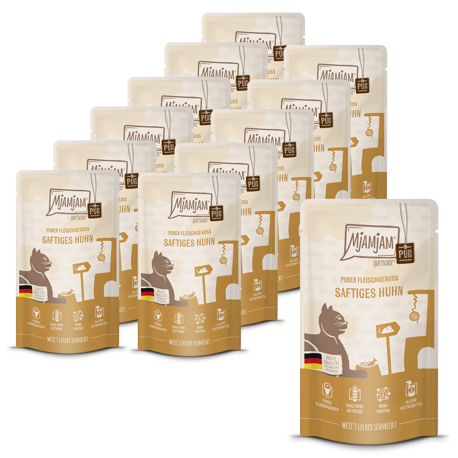MjAMjAM - premium wet food for cats - Quetschie - juicy pure chicken, pack of 12 (12 x 125 g), grain-free with extra meat โ image 1
