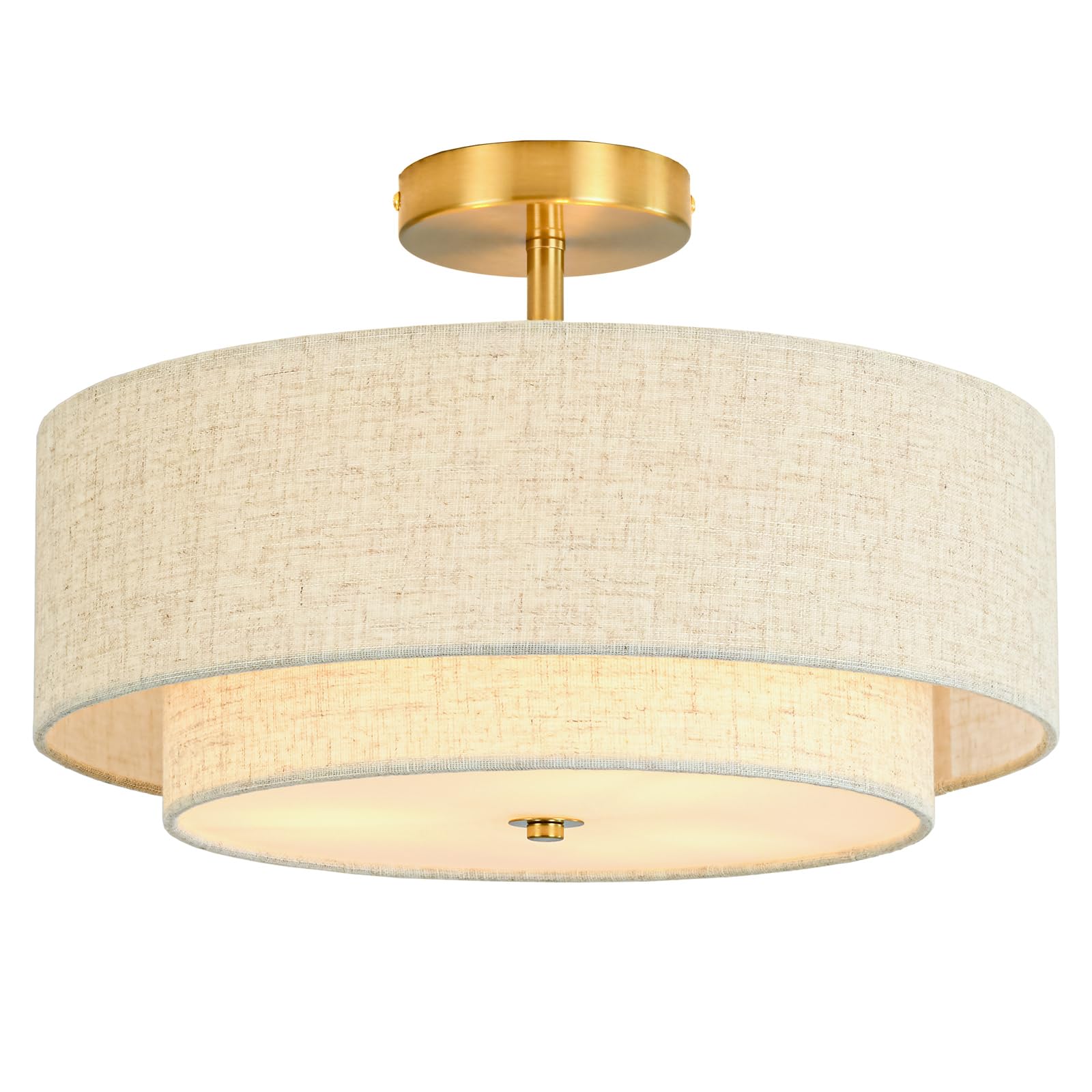 Photo 1 of 16" Semi Flush Mount Ceiling Light, 3-Light Gold Drum Ceiling Light Fixture with 2-Tier Fabric Linen Shade, Farmhouse Chandelier for Dining Room, Living Room, Bedroom, Kitchen, Hallway, Entryway