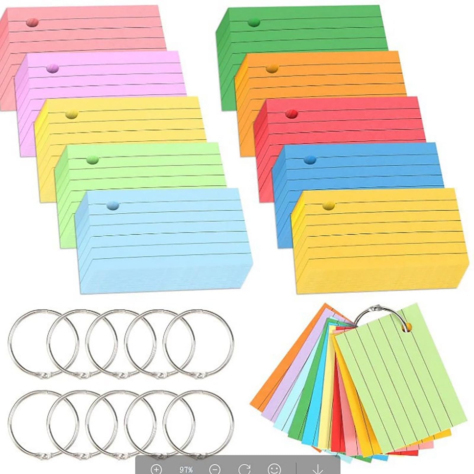 Photo 1 of 1000 Pcs Index Cards 2.91 x 2.01 Inch Color Flash Cards with Rings, Heavy Note Cards, Punched Ruled Index Cards for Studying, Office and Home, 10 Colors