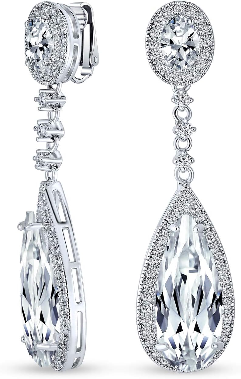 Bling JewelryStatement Teardrop Cubic Zirconia AAA CZ Dangle Chandelier Screw Clip On Earrings For Women Silver Plated More Colors