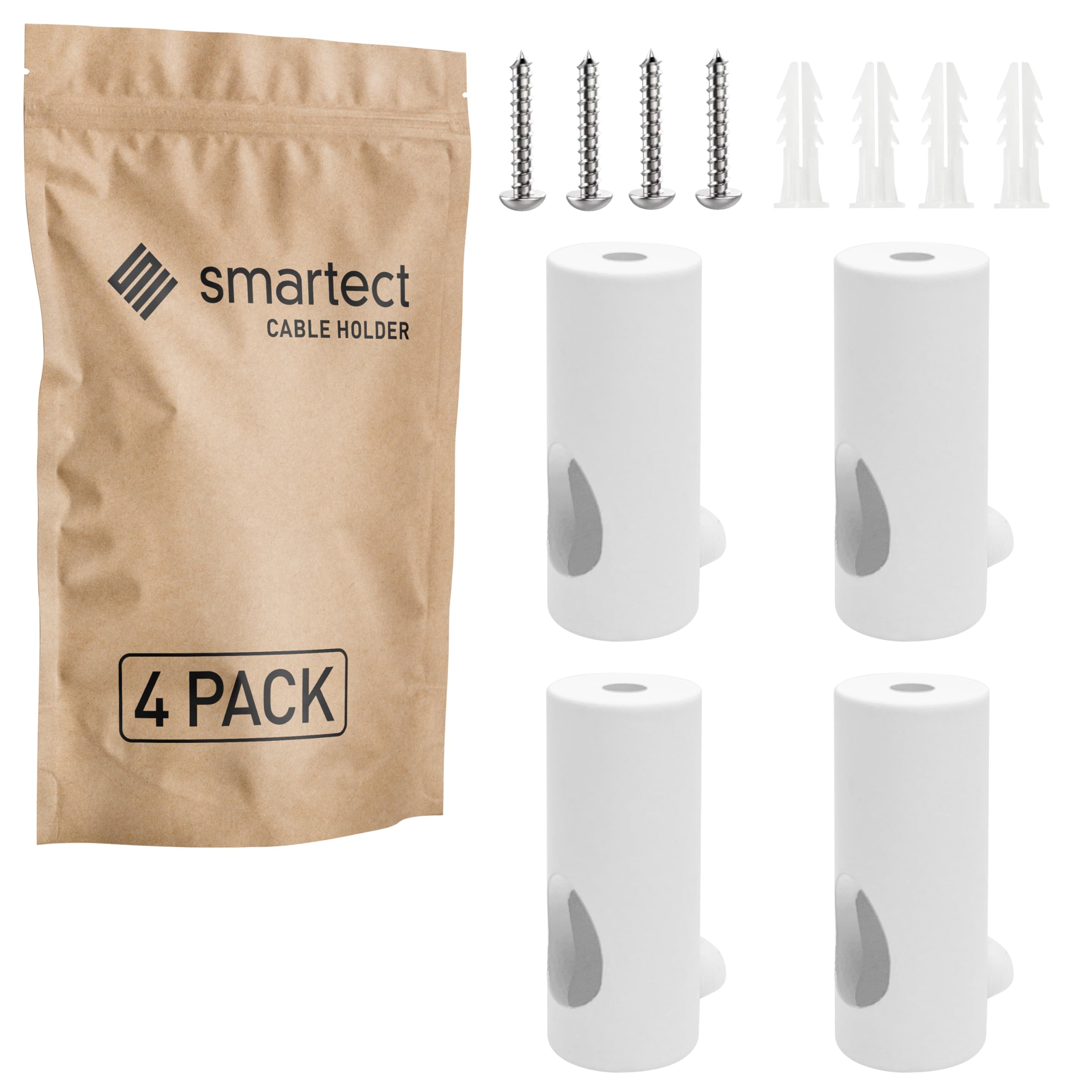 smartect Aluminium Wall and Ceiling Pins for Fixing Textile Cables [4 Pieces, White] Cable Decentralizer with wall Plugs and Screws Included, Ceiling Light Hook for Your DIY Project