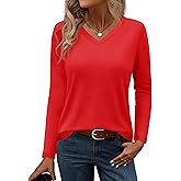 YUCOLEN Women's Long Sleeve Shirts V Neck Cotton T-Shirt Solid Color Casual Tops Basic Tees for Women