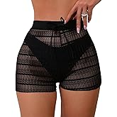Leoparts Women's Hollow Out Cover Up Shorts High Waisted Semi Sheer Tie Front Cover Up Bottoms (Panty not Included)