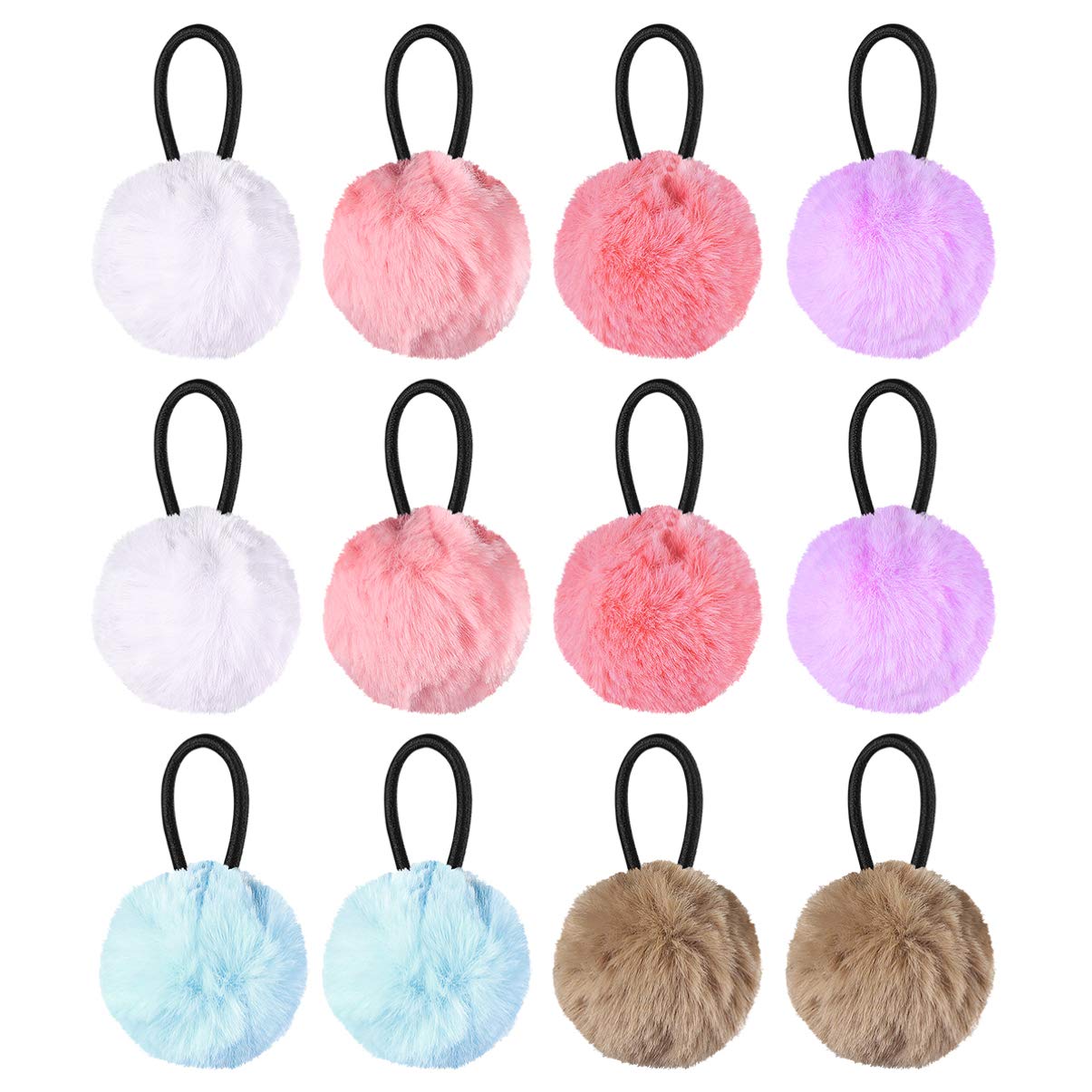 12PCS Pompom Hair Ties Fluffy Ball Elastic Hair Band Lovely Plush Ball Ponytail Holders for Girls