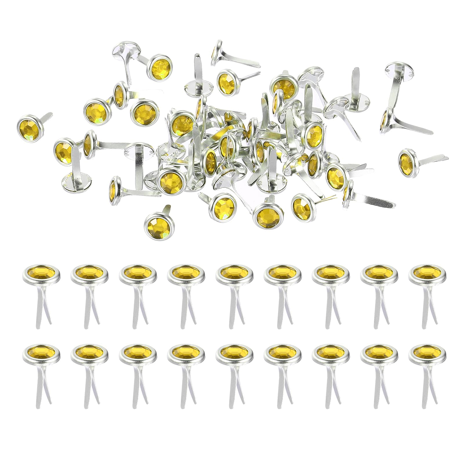 PATIKIL Paper Fasteners, 100 Pcs Mini Metal Rhinestone Round Head Fastener Split Pins for Craft Art Scrapbooking DIY Pins Supplies, Yellow 0.5"x0.3"
