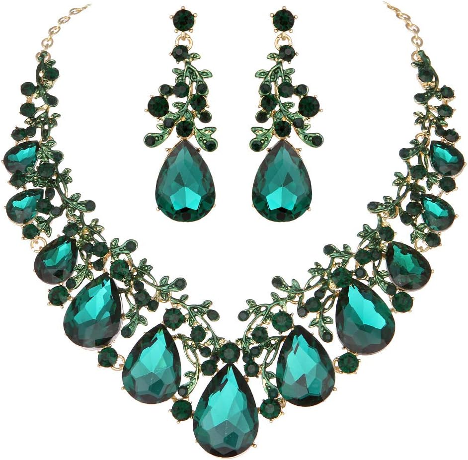 MolieYoufir Austrian Crystal Leaf Statement Wedding Necklace and Earrings Jewelry Sets for Women Formal Dress