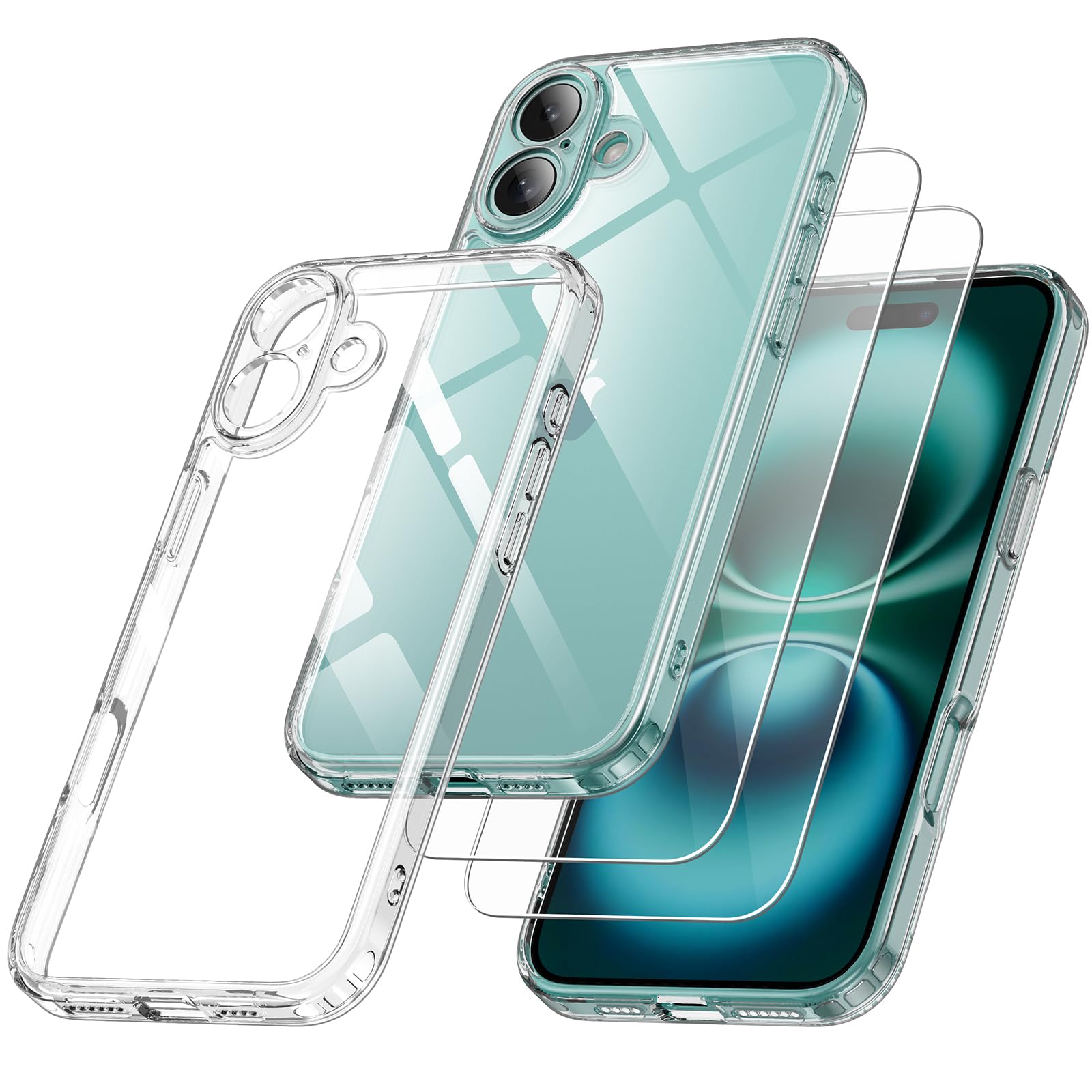 Qasyfanc Camera Cover Case Compatible with iPhone 16 Plus 6.7" with 2 Pack Tempered Glass Screen Protector, Non-Yellowing Shockproof Phone Bumper Cover, Hard PC Anti-Scratch Case Clear