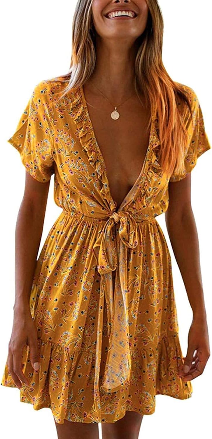 Damen Sommerkleid Aus Baumwolle - V-Ausschnitt A-Linie Mit Ärmeln