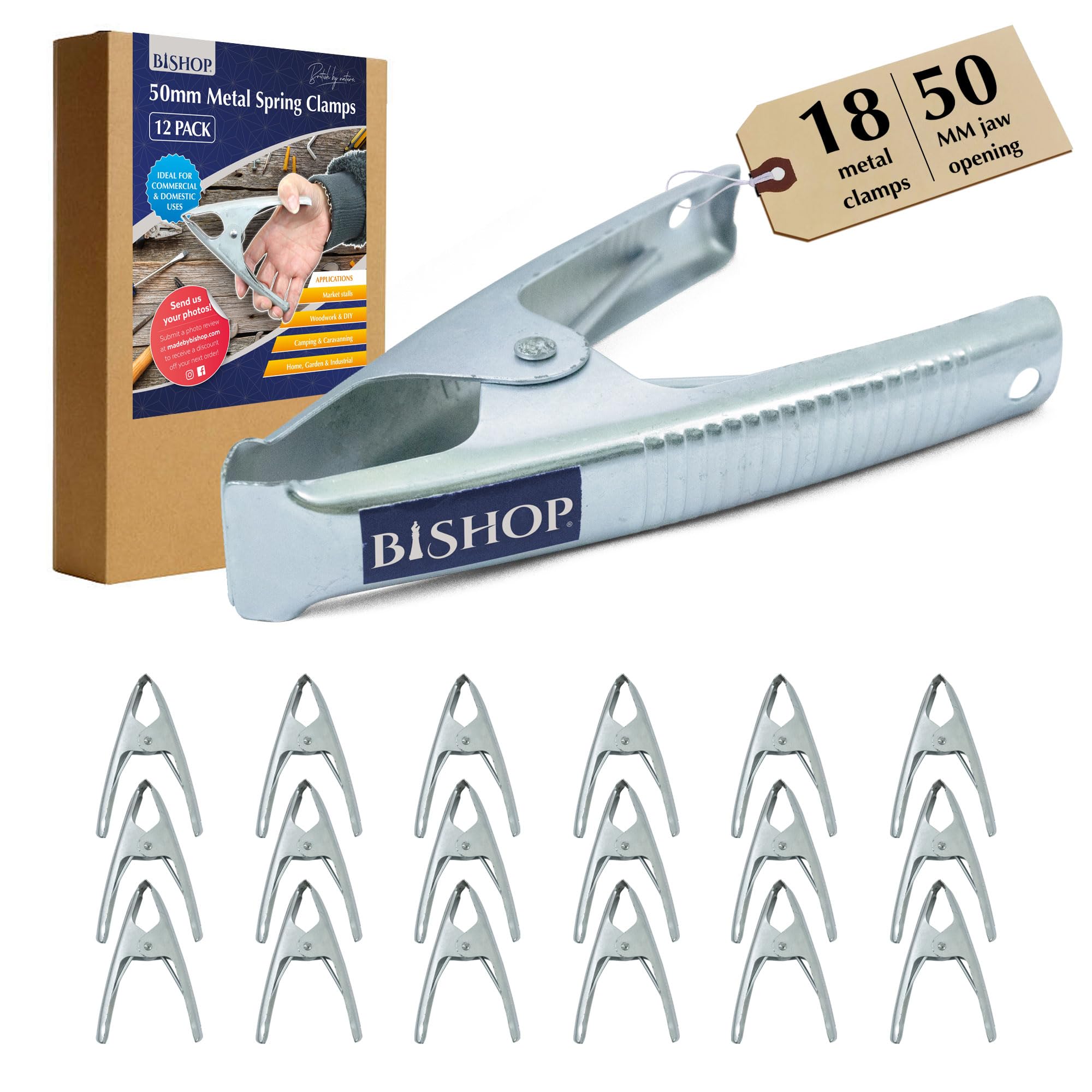 Commercial Grade Metal Spring Clamps for Woodwork - Rust Proof Market Stall Tarp Clips Clamps 50mm Jaw Capacity - Metal Clips All Steel Construction 160mm Length - Triple Coil Spring Clips (Qty: 18)