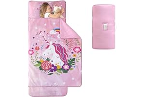 Wowelife Toddler Nap Mat with Removable Pillow and Fleece Blanket, Girl Nap Mats for Preschool, Pink Unicorn Kids Nap Mat Cartoon for Boys and Girls, Sleeping Bag for Daycare, Kindergarten