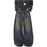 VIPWOLF Men's Barrel Jeans Y2K Wide Leg Hip Hop Denim Pants Loose Fit Trousers with Pockets Streetwear