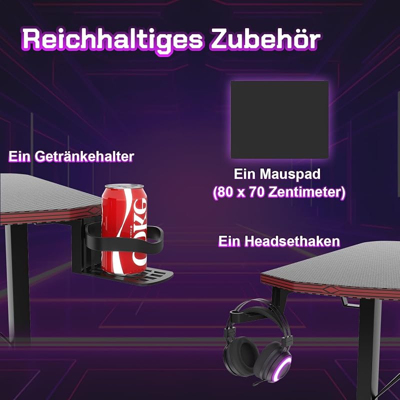 Ergonomischer Gamer-Tisch mit Getränkehalter und Mauspad,180x60cm — Foto 4 von 7