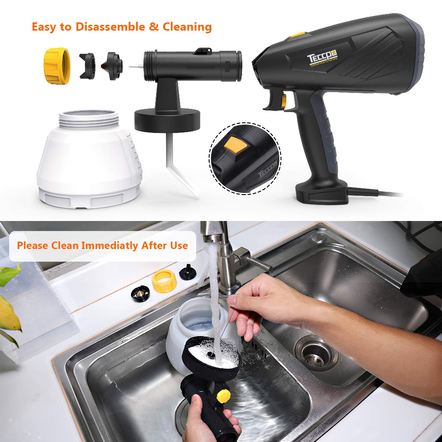 Paint Sprayer, TECCPO 500 Watts 800ml/min HVLP Home Electric Spray Gun with 1300ml Detachable Container, 3 Pcs Copper Nozzles & 3 Spray Patterns, Adjustable Valve Knob for Home Decoration & DIY